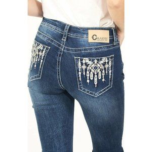 Charme by Grace in LA Women's Dripping Aztec Embellished Bootcut Stretch Jeans
